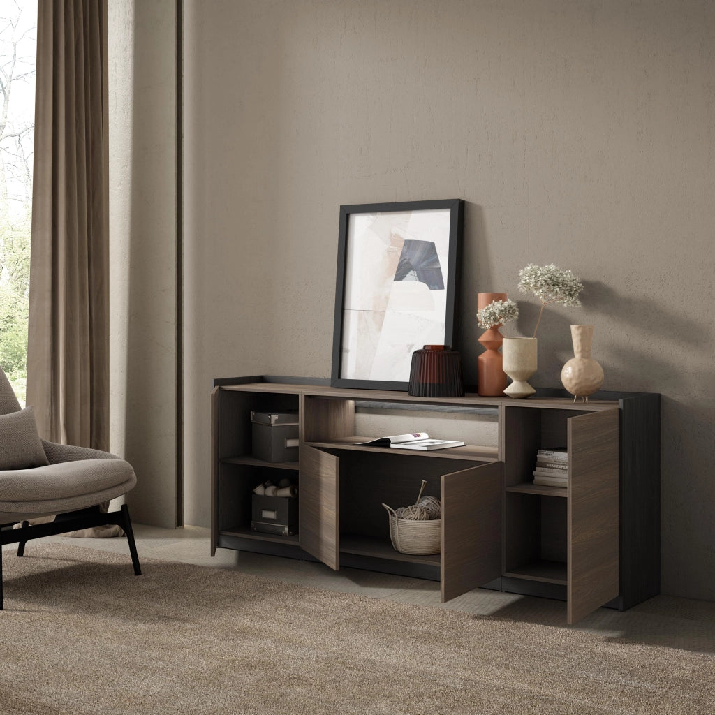 Credenza, Mobile, Cucina, 207x80x37 cm, 4 Porte, LED, Rovere scuro e Nero