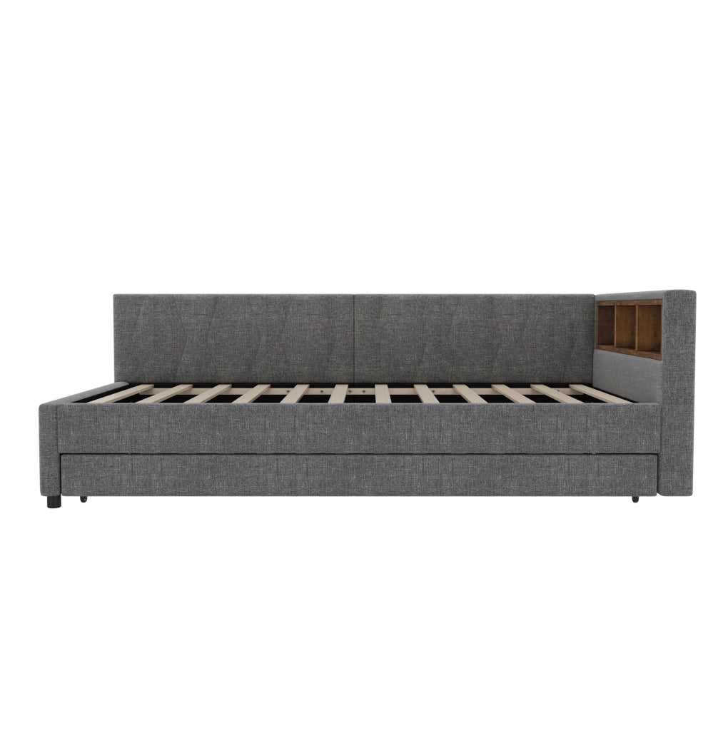 Letto Daybett 90x200 cm in lino e MDF grigio con divano letto estraibile, prese USB e LED multicolore