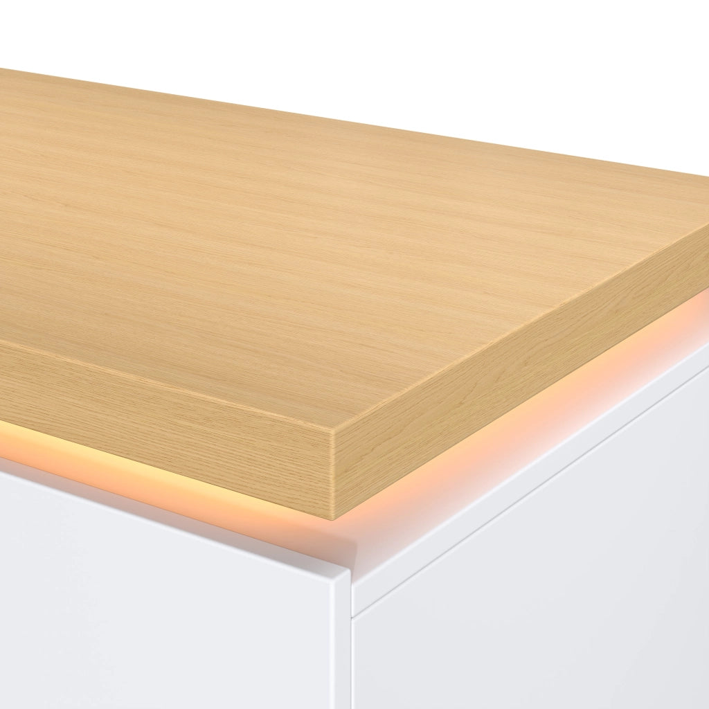 Scrivania con LED multicolore; 140 x 50 cm; 3 cassetti e 2 ante; MDF bianco e rovere