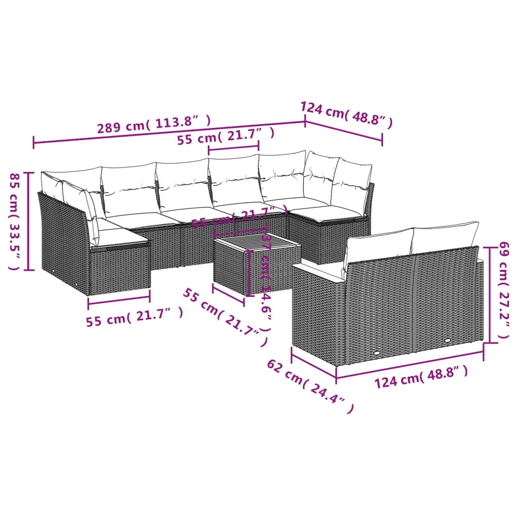Set Divano da Giardino 10 pz con Cuscini Grigio in Polyrattan