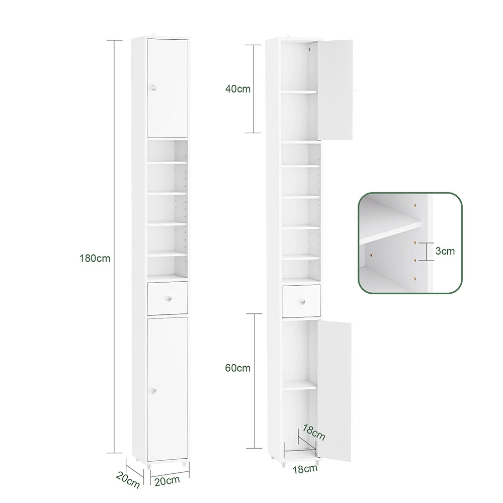SoBuy BZR34-II-W Colonna Bagno Stretta - Mobile Bagno Idrorepellente, Alto con Ripiani Regolabili e Cassetto - Armadietto Salvaspazio, MDF, Bianco, 20x180x20c