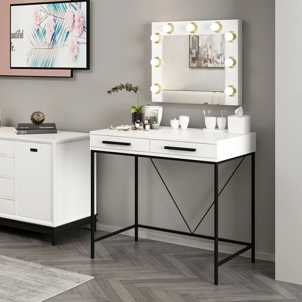 Toeletta da trucco Sane con 2 cassetti bianco con piedi neri e specchio con luci LED lampadine escluse