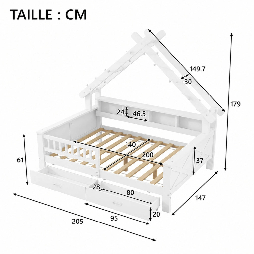 Letto per bambini a forma di casa 140 × 200 cm con LED ripiani 2 cassetti barriera in pino e MDF bianco