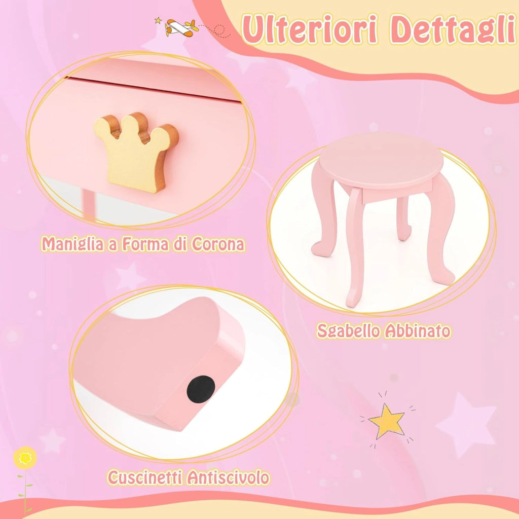 Set Toeletta Trucco per Bambina con Sgabello, Tavolo Trucco Triplo Specchio Staccabile con Luci LED a 3 Colori, Postazione Trucco con Cassetto e Accessori, per Bambine 3-7 Anni (Rosa)
