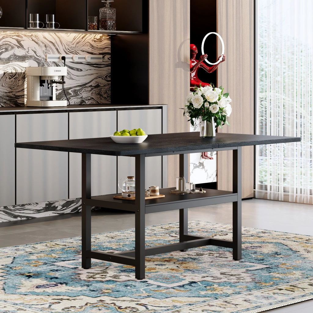 Tavolo da pranzo per 4 o 6 persone con ripiano contenitore, stile moderno, in MDF e metallo, nero, 160 × 90 × 76 cm