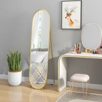 Specchio Verticale Ovale da Terra con Supporto, in Vetro e Metallo, 40x41x159 cm, Tonalità Oro