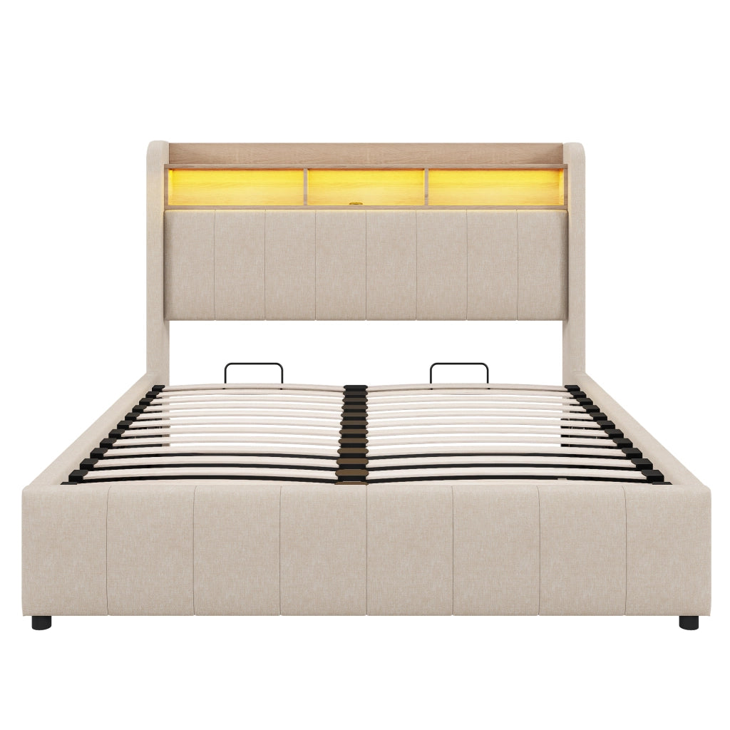 LETTO Contenitore 160x200 cm Beige in tessuto di lino con LED, USB e Type-C
