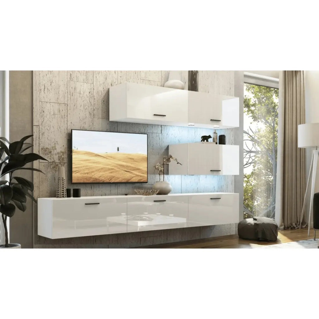 Set di mobili da soggiorno bianchi sospesi collezione CEPTO XXV. 249cm, 6 mobili, LED, modulari.