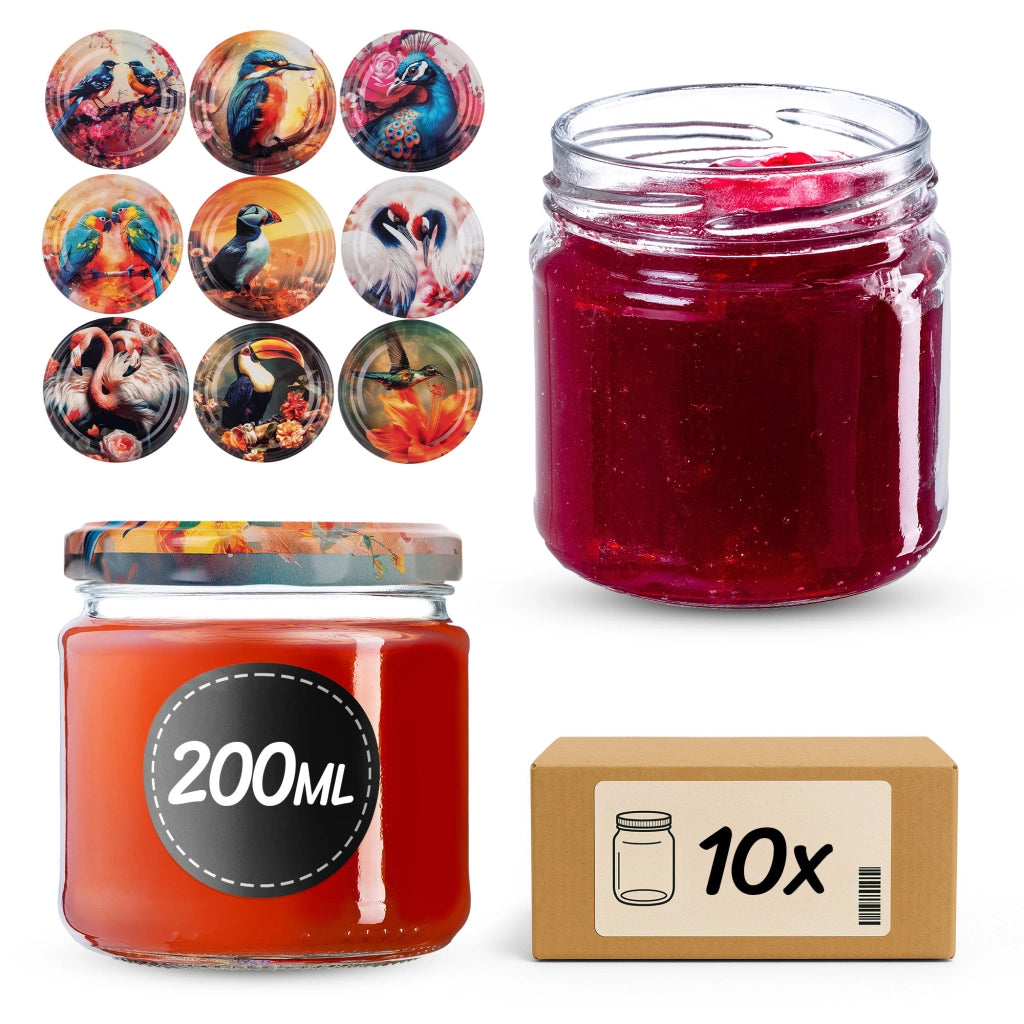 Barattoli per conserve KADAX Lerma 200ml 10 pezzi 66mm + coperchi "Uccelli"