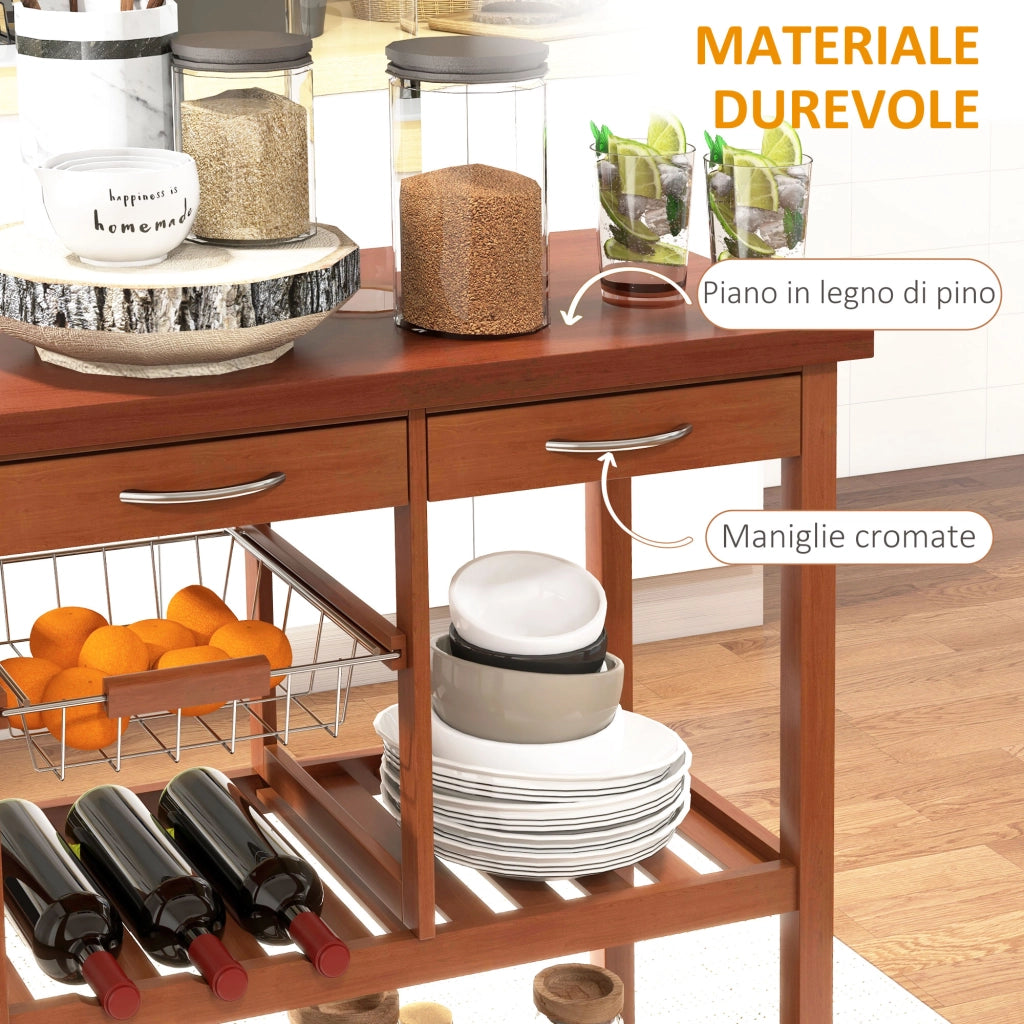Carrello Portata da Cucina in Legno con Portabottiglie. Cestello. 2 Ripiani. 2 Cassetti. Legno di Pino. Resistente. Agevole. Versatile. 84.5x37.2x85cm