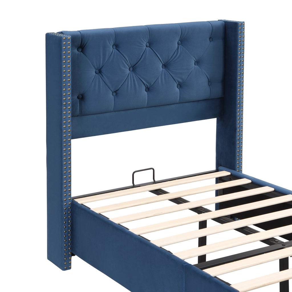 Letto Singolo 90 x 200 cm; 1 Posto con Testiera Imbottita e Piedi in Legno; senza Materasso; Velluto Blu