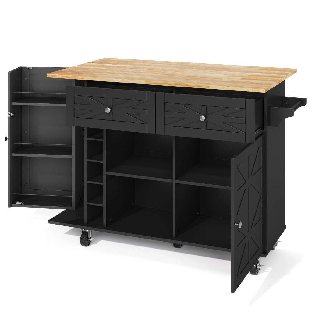 Isola cucina con piano ribaltabile, 1 porta, 2 cassetti, ruote bloccabili, nero, 120 x 45(70) x 89 cm