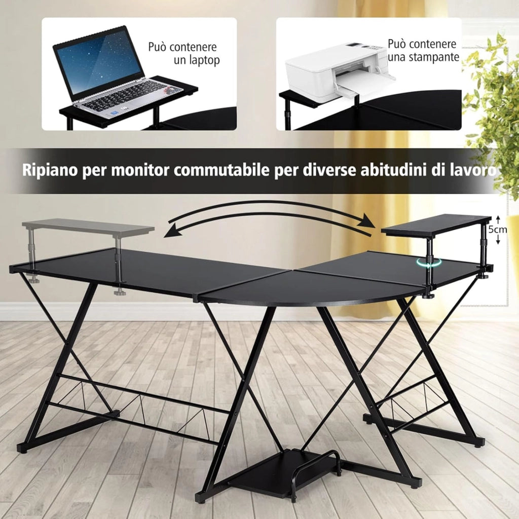 Scrivania Angolare Salvaspazio, Scrivania di Metallo e Legno con Supporto per Monitor e Ripiano, Scrivania ad Angolo Staccabile per Ufficio e Casa (Nero)