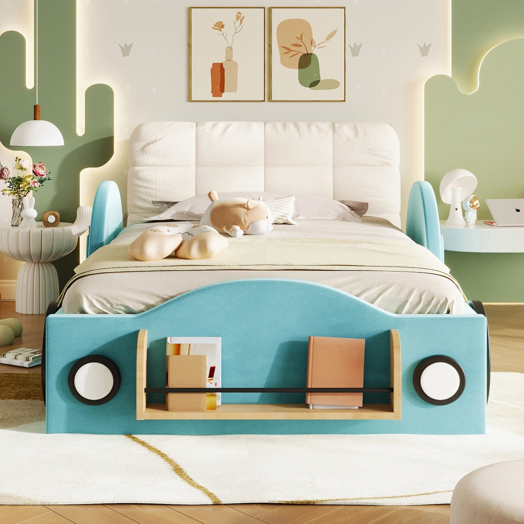 Letto Contenitore 90x200 cm con sollevamento idraulico; tasche laterali e ripiano in Flanella Blu