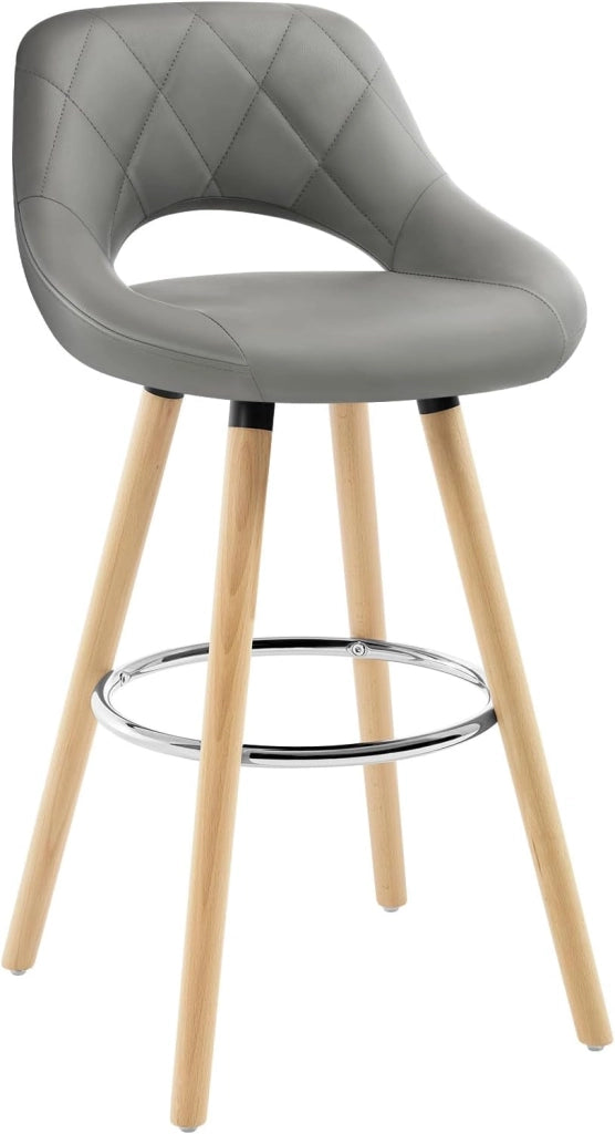 Sgabelli da Cucina Set di 2, Sgabello da Bar per Colazione, Sgabelli Alti con Poggiapiedi e Schienale, Sedile in Pelle Sintetica+Gambe in Legno, Grigio, BH111gr-2
