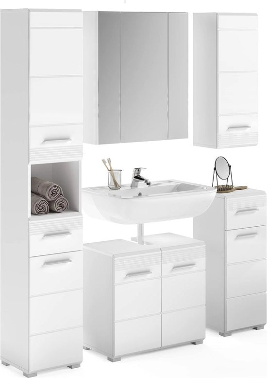 Set di Mobili per la Camera da Bagno - Vanity Set - Mobile per la Camera da Bagno con Scaffale - Finitura Bianca - Ambientalmente Sostenibile - 60 cm x 45 cm x 180 cm