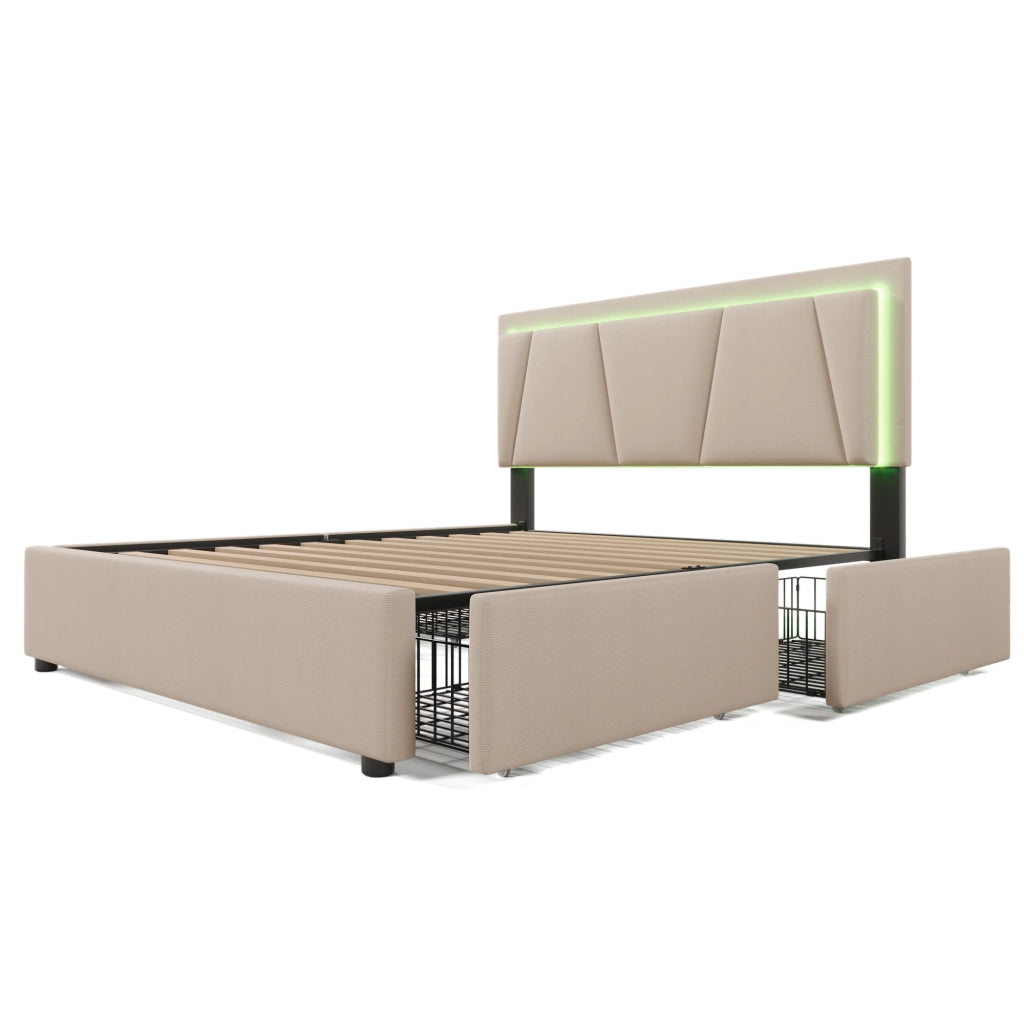 Letto matrimoniale beige 160x200 LED 4 cassetti testiera regolabile doghe