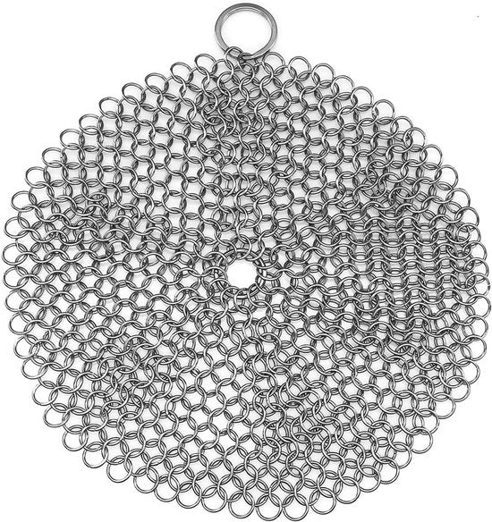 Kit di pulizia a catena in acciaio inox per padelle in ghisa - Catena a rondelle schiuma (diametro 17,8 cm), adatto per padelle, piastre grigliate, BBQ e altri accessori da cucina