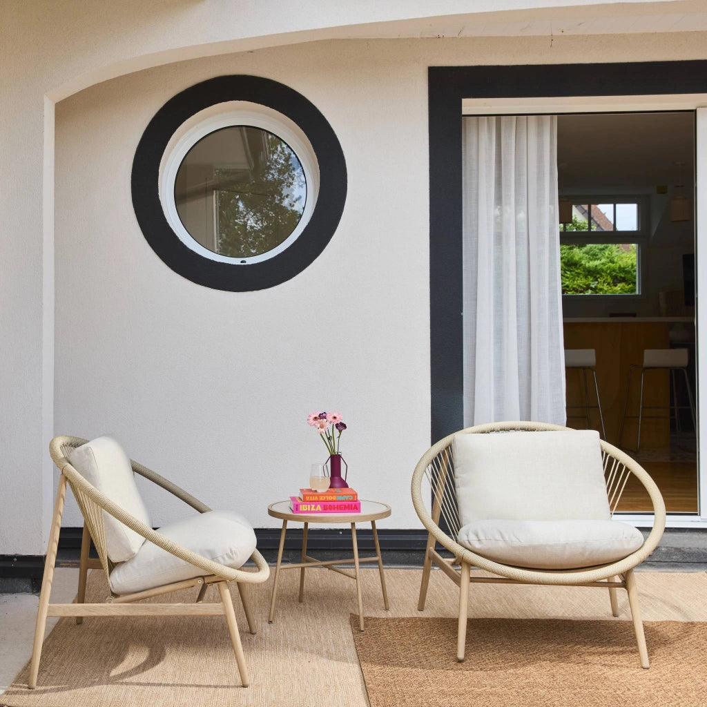 Set 2 poltrone da giardino con tavolo in acciaio e rattan, beige