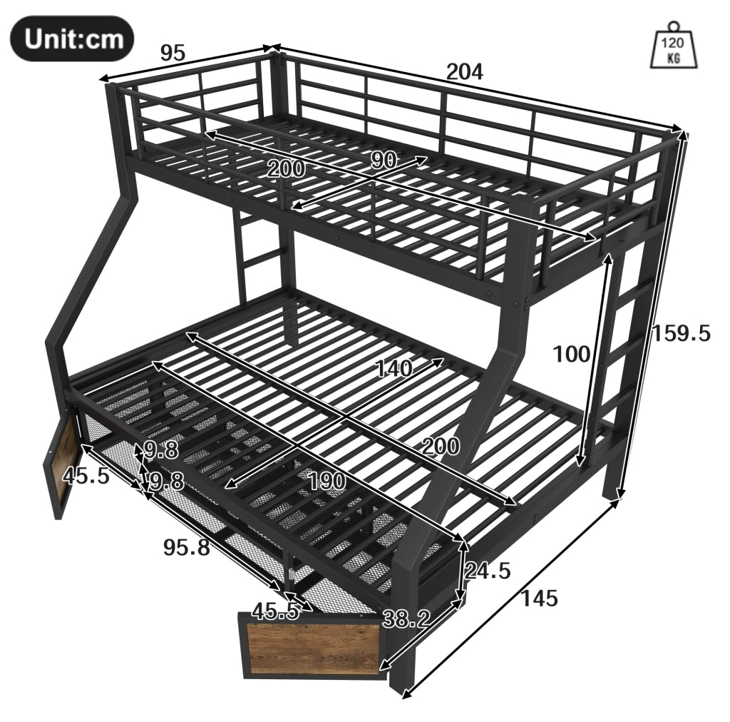 Letto a castello per bambini con scarpiera; vani contenitore; scala; 90x200/140x200 cm; nero