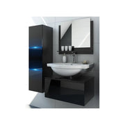 Set di mobili da bagno neri collezione OWL. Colonna, mobile sotto lavabo, specchio, sifone e LED.