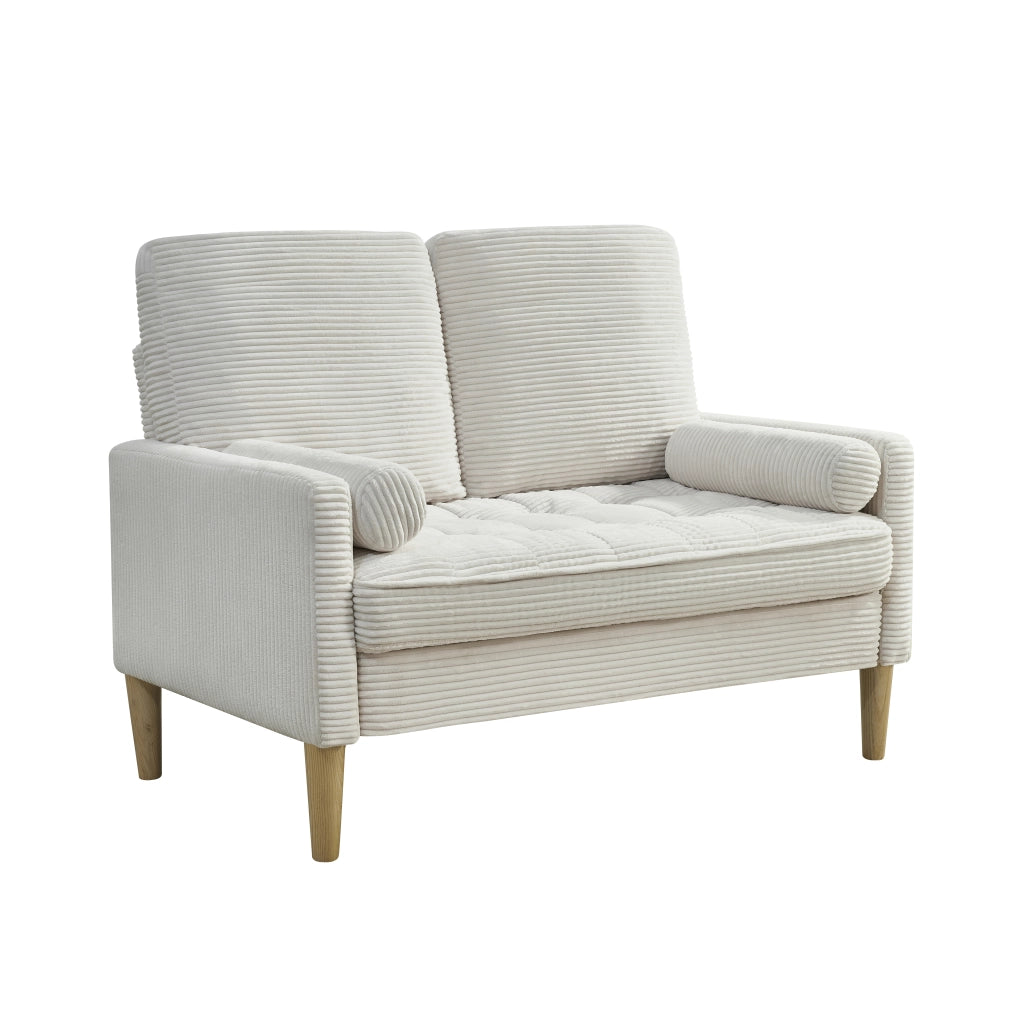 Divano a 2 posti compatto in tessuto a coste con cuscini imbottiti e gambe in legno, stile scandinavo beige