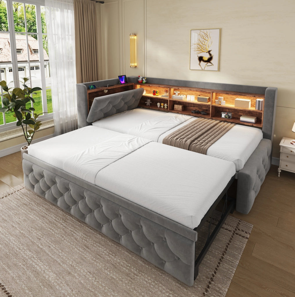 Divano letto estraibile 90x190 cm con LED, USB e USB-C in velluto grigio scuro