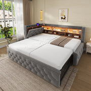Divano letto estraibile 90x190 cm con LED, USB e USB-C in velluto grigio scuro