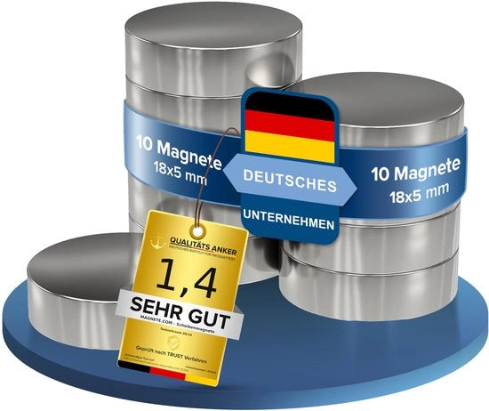 10 pezzi di magnete neodymium a forma di disco, in acciaio inox, extra forti, con diametro 18x5mm e altezza 18mm - attrazione di circa 7 kg - per bacheche magnetiche e aree di lavoro