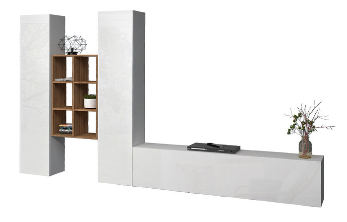 Parete Attrezzata Soggiorno 320x30x180 cm Maruska n°21 Bianco Lucido