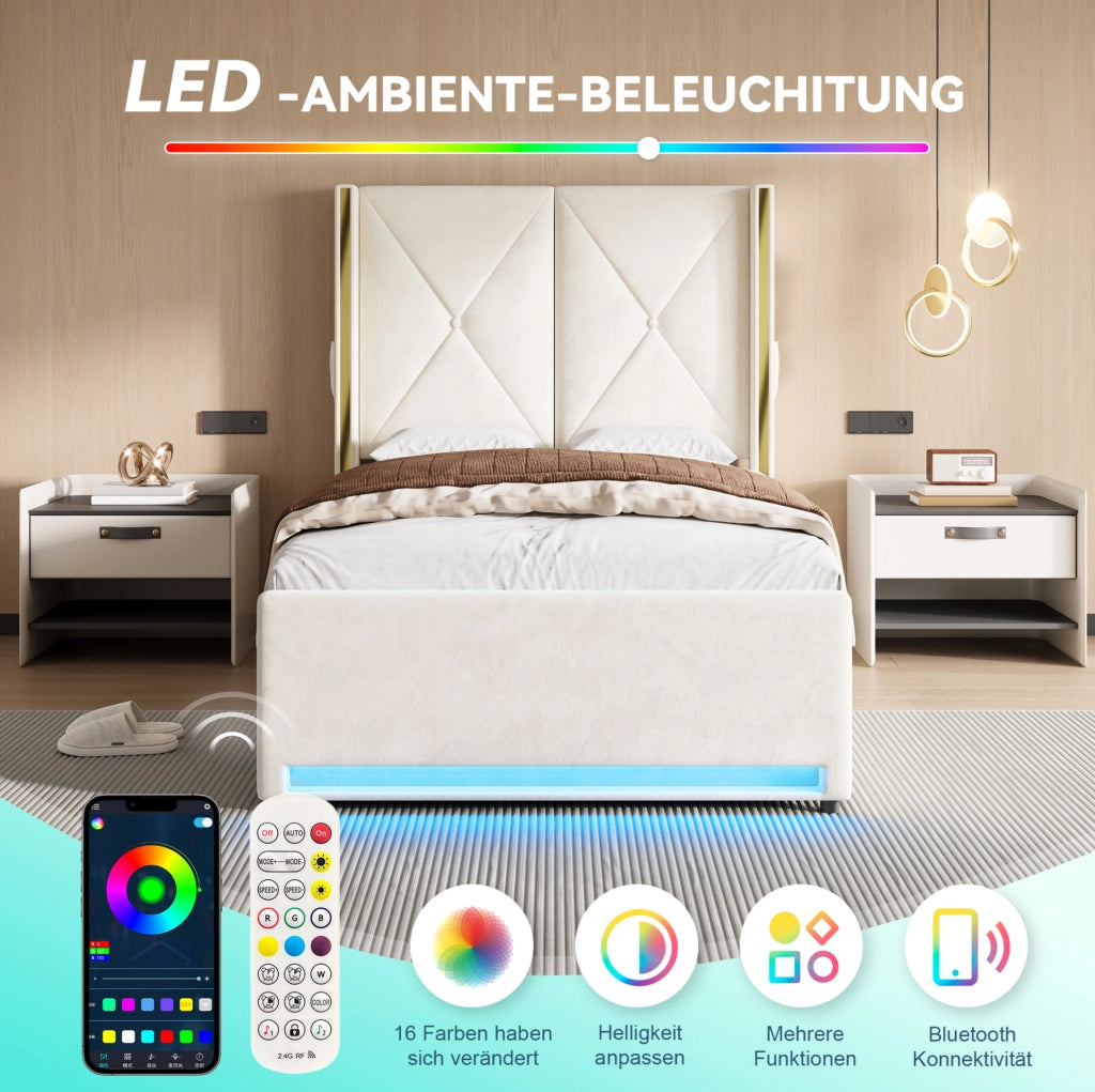 Letto singolo in velluto beige con LED, USB-C e contenitore 90x200