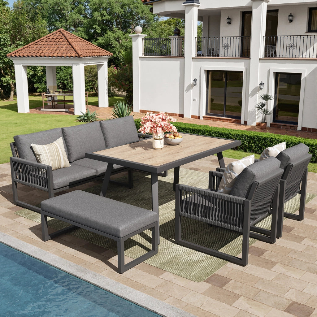 Set mobili giardino: Divanooo esterno 6-7 persone; lounge + tavolo pranzo; polyrattan; resistente intemperie