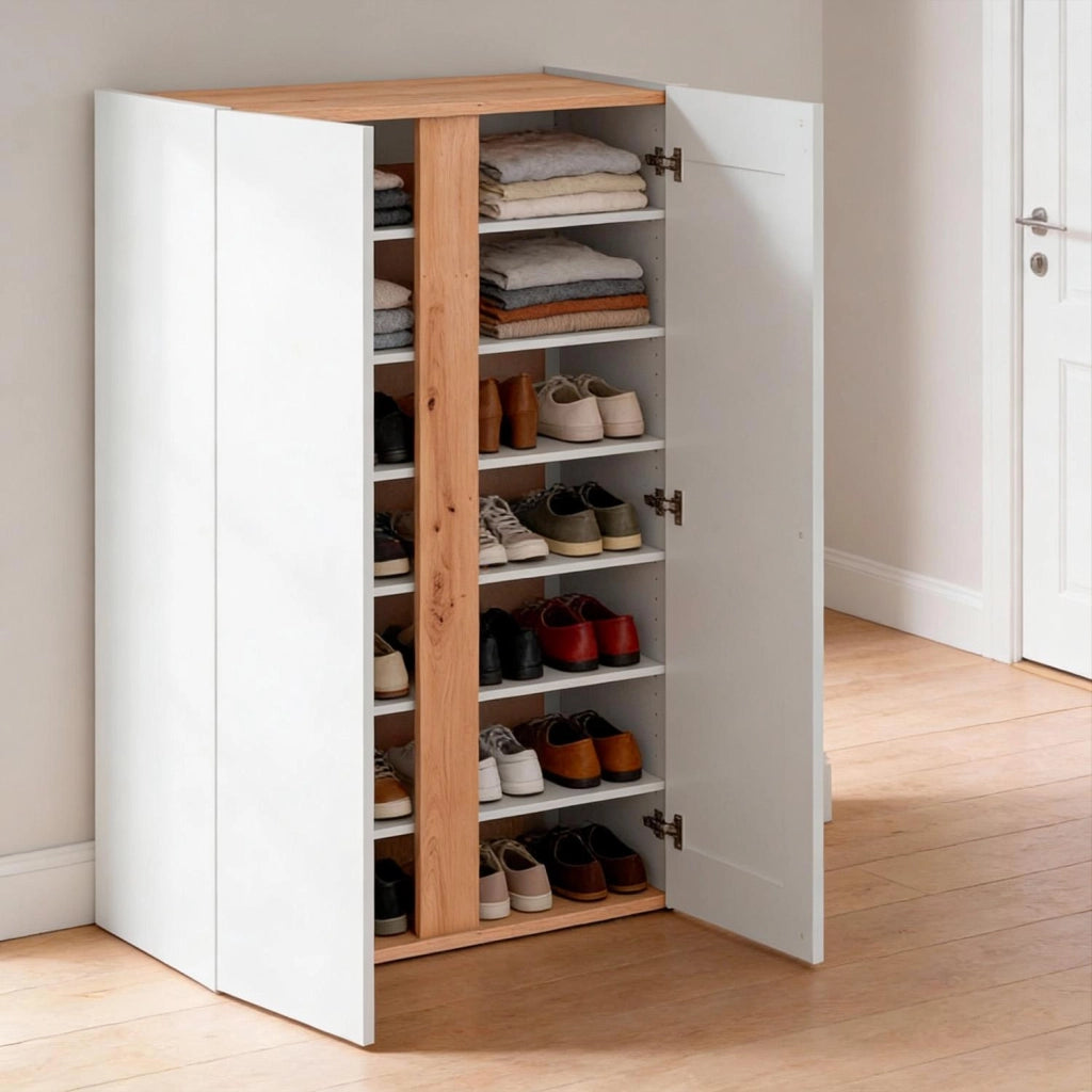 Mobile Portascarpe Con 2 Ante E 6 Ripiani Regolabili Design Minimal Capacità Fino A 18 Paia Per Ingresso Zona Giorno Corridoio 102 x 56.5 x 35 cm Bianco E Rovere