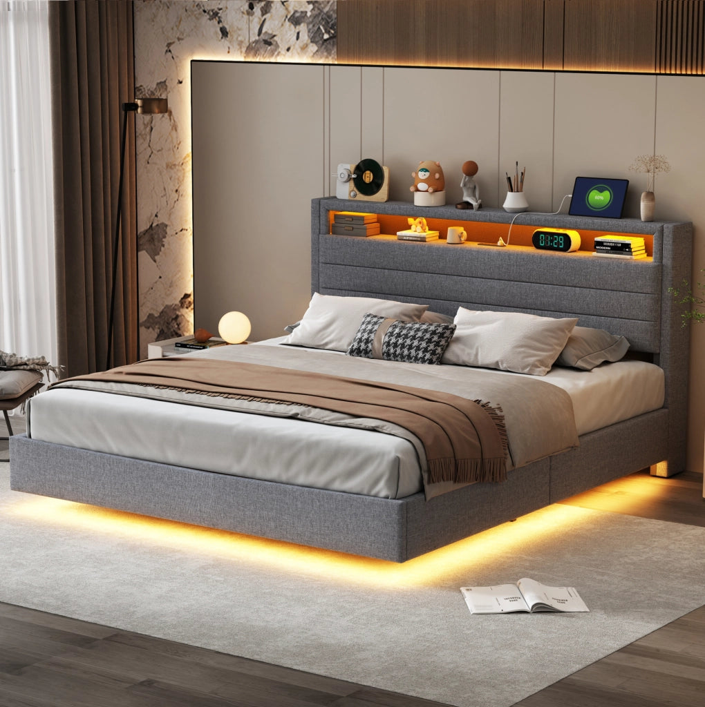 Letto matrimoniale imbottito 160x200 cm con LED e USB grigio