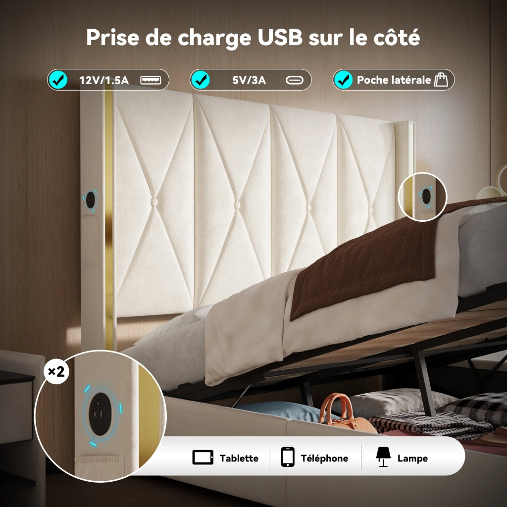 Letto Contenitore Matrimoniale 160x200 cm; USB; Type-C e LED; in Velluto Beige