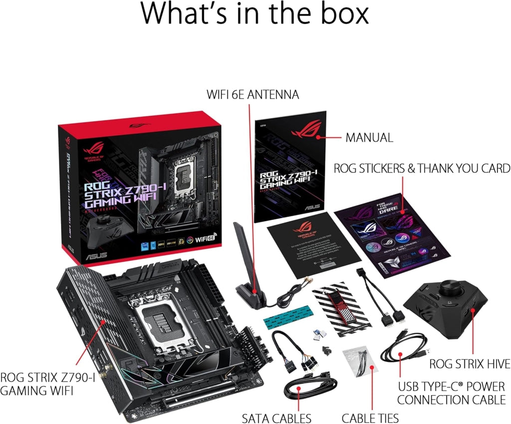 ROG STRIX Z790-I GAMING WIFI Scheda Madre Gaming Mini-ITX, Intel Z790, LGA1700, DDR5, PCI 5.0, WiFi 6E (802.11ax), Intel 2.5Gb Ethernet, 2xM.2, 2xSATA 6GB/s, Aura Sync RGB, Nero