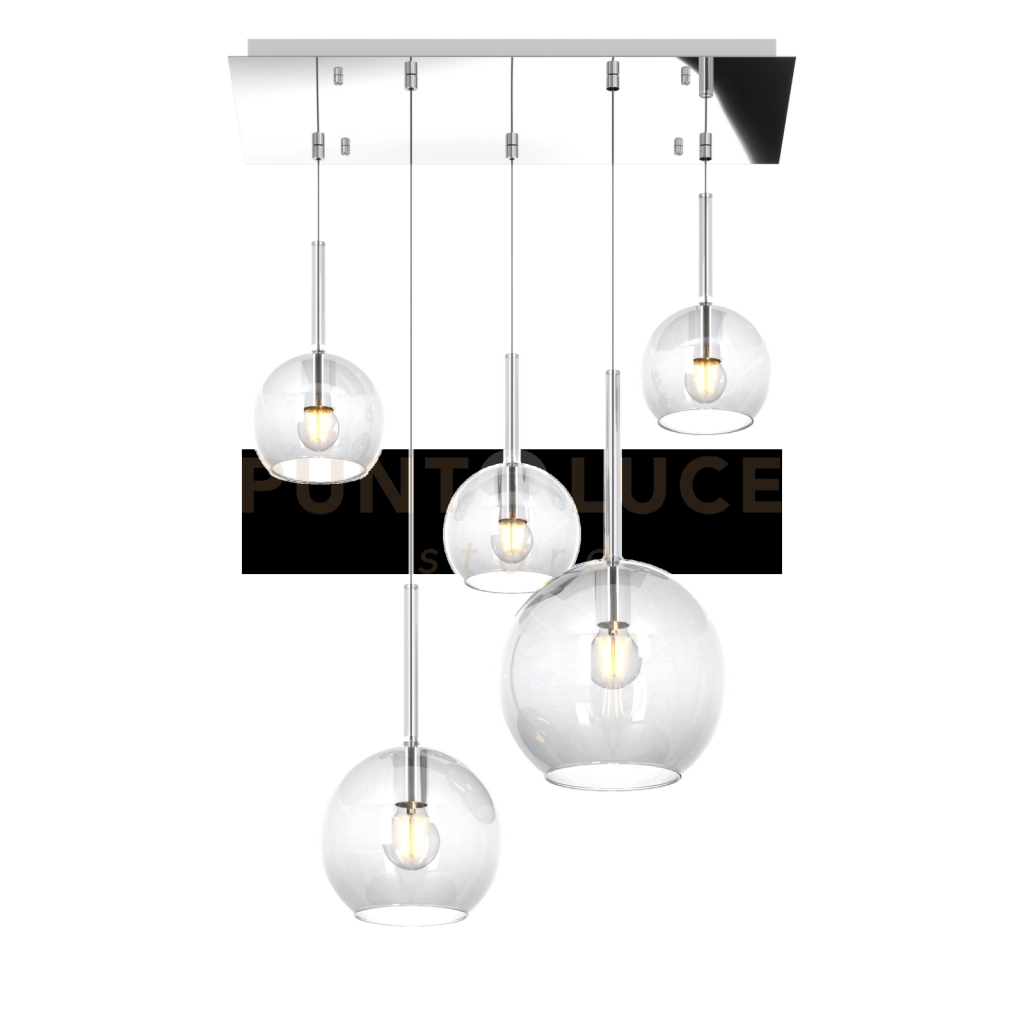 SOSP. CROMO RETTANGOLARE 5 LUCI VETRI (1 GRANDE+1 MEDIO+3 PICCOLO) TUTTI TRASPARENTE 1155CR-S5 RMIX-TR