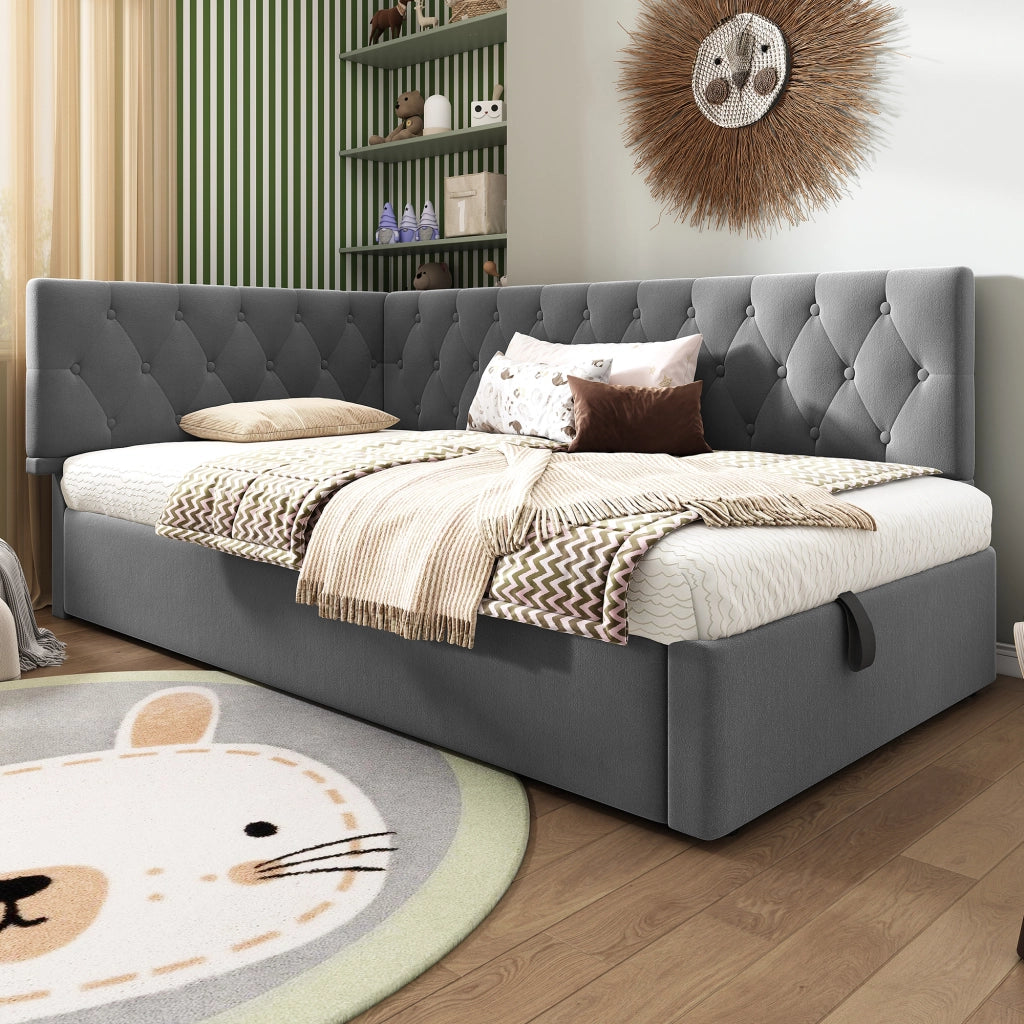 Letto a Divanetto 90 x 190 cm - Contenitore e Testiera Reversibile - in Velluto - Grigio