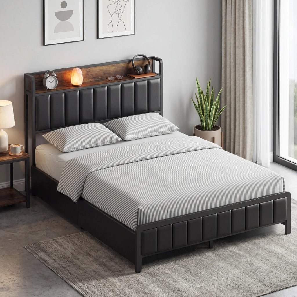 Letto matrimoniale imbottito con contenitore e rete a doghe ¨C zephmum ¨C nero 140x190