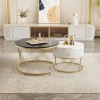 Tavolini Rotondi Modulari in Marmo Sintetico, con Dettagli Dorati e Cassetto, Dimensioni 70x70x45 cm e 50x50x40 cm, Nero e Bianco