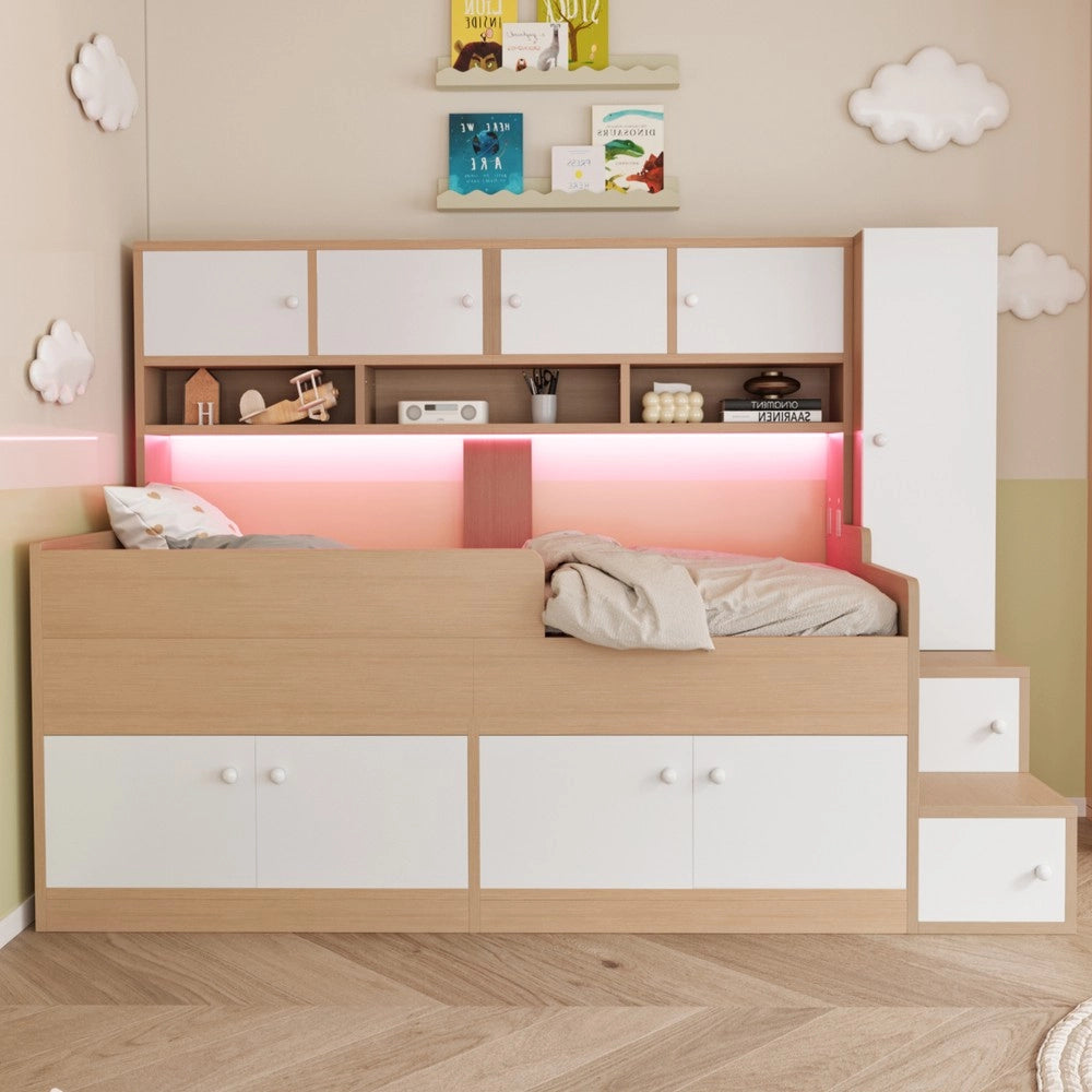 Letto Bambini in Legno con Soppalco, LED, Cassetti e Armadio ¨C Xylo ¨C 90x200