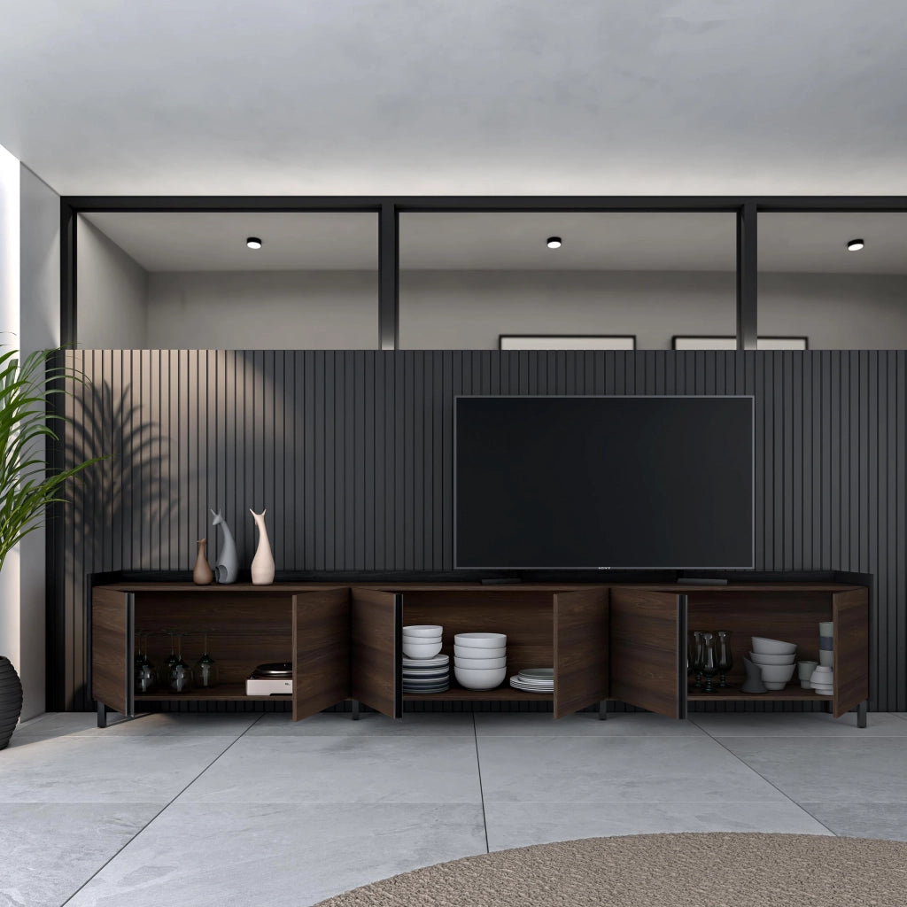 Mobile TV Soggiorno, 309x61x35 cm, Per TV fino a 80", Design industriale, Rovere scuro e Nero