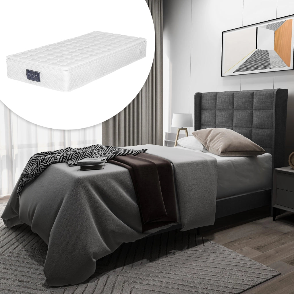 Letto imbottito singolo 90x200 cm grigio con rete a doghe e materasso a molle insacchettate