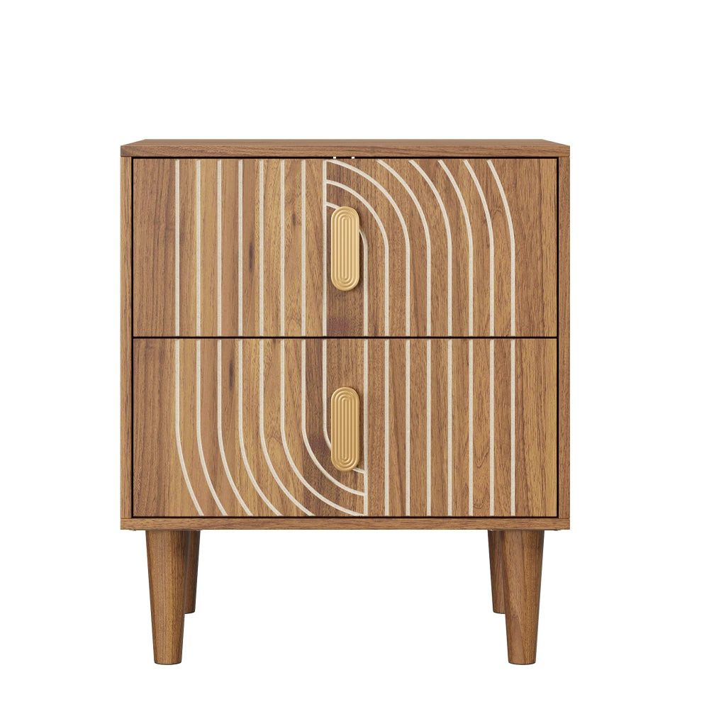 Comodino boho con 2 cassetti; inserti geometrici e gambe in legno; marrone noce