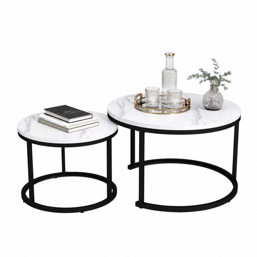 Set di 2 tavolini da caffè rotondi impilabili; effetto marmo bianco; piano in MDF