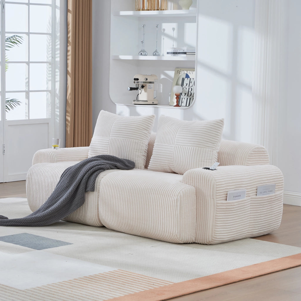 Divano modulare 2 posti con portabicchieri e tasca laterale ergonomico in velluto a coste beige 200 × 99 × 80 cm