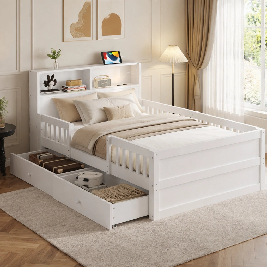 Letto singolo 90×190 cm con LED; USB e Type-C; testiera con ripiano; 2 cassetti; senza materasso; bianco