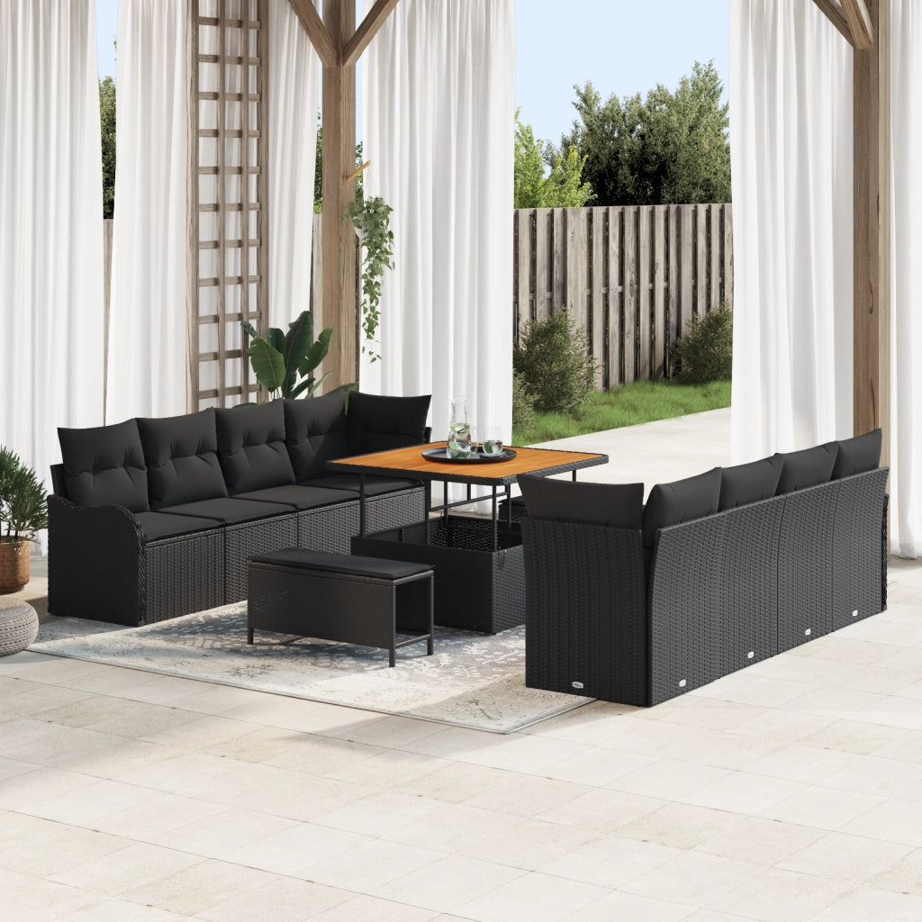 Set Divano da Giardino in 11 Pezzi con Cuscini - Polyrattan Nero Acacia