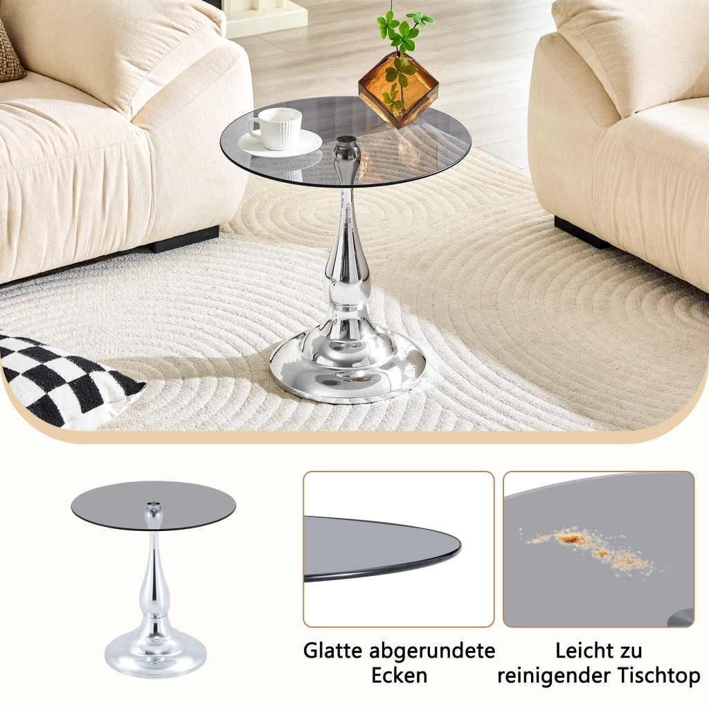 Tavolino basso rotondo in vetro temperato con base in metallo per soggiorno e camera da letto argento 50 × 51,5 cm