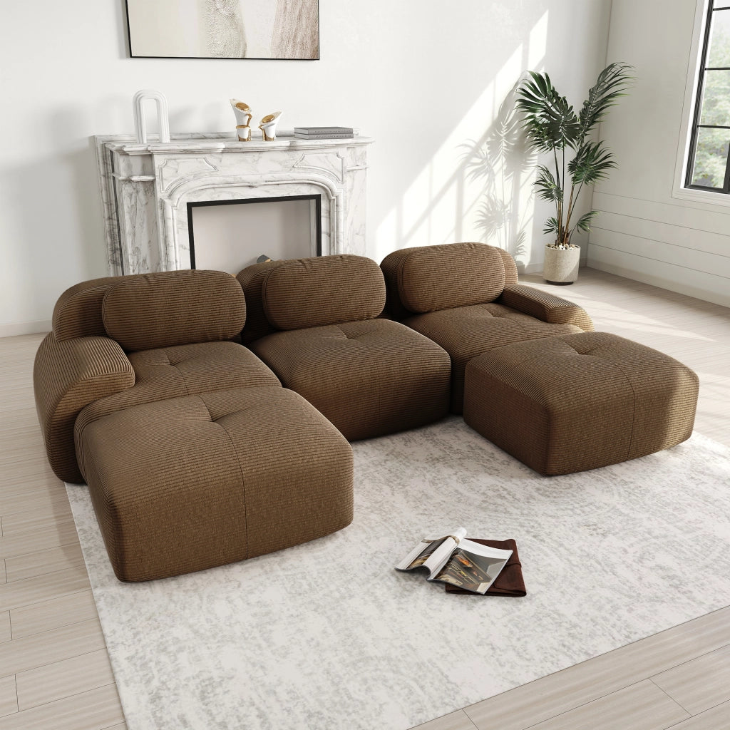 divano angolare modulare senza montaggio con design ergonomico e base antiscivolo in velluto a coste marrone